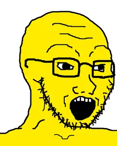 soyak, 1soyjak, 4chan meme, 5 teeth, bald, big pupils, black eyes, black glasses, black outline, black pupils