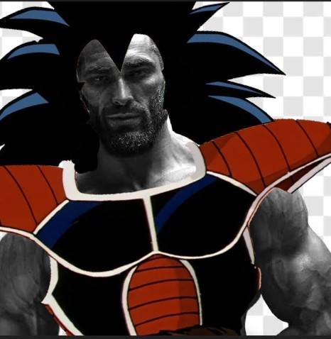 gigachad, raditz, anime, armor, beard, buff, chad, checkerboard background, ernest khalimov, gray skin