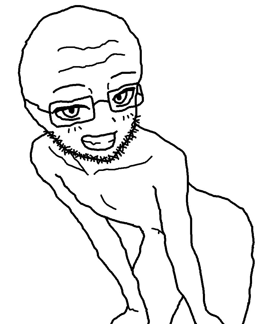 chud robot, astolfson, 1soyjak, almost full body, bald, balding, feminine, flushed, glasses, looking at you
