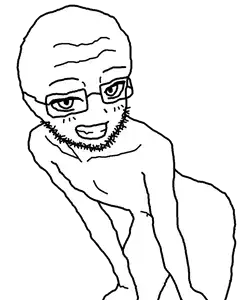 chud robot, astolfson, 1soyjak, almost full body, bald, balding, feminine, flushed, glasses, looking at you