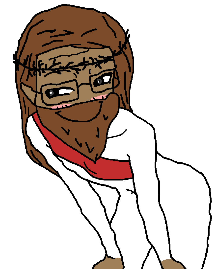astolfson, anime, beard, black eyes, brown hair, brown skin, cheeky, christianity, closed mouth, clothes