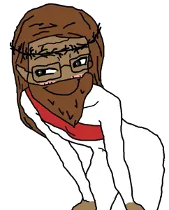 astolfson, anime, beard, black eyes, brown hair, brown skin, cheeky, christianity, closed mouth, clothes