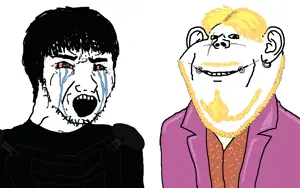 impish soyak ears, soyak, 2soyjaks, angry, blonde hair, bloodshot eyes, clothes, crying, ear, earring