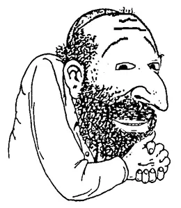 happy merchant, gapejak, wholesome soyjak, fusionjaks, bald, beard, black eyes, closed mouth, clothes, crouching