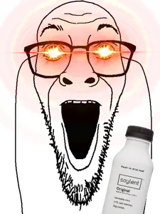 darren, 1soyjak, bald, drink, front view, gaping mouth, glasses, half body, laser eyes, open eyes