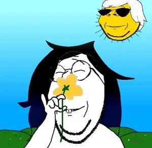 dave strider, jade harley, gapejak, wholesome soyjak, 2soyjaks, closed eyes, dave strider, drawn background, field, flower