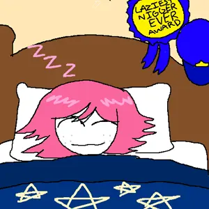 awardsan, saltmii, bed, closed eyes, clothes, drawn background, female, green eyes, hair, hat