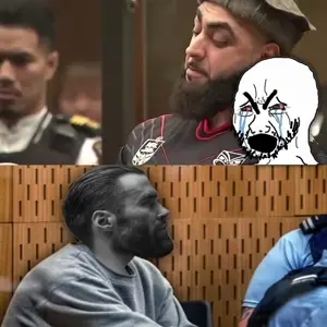gigachad, cryboy soyjak, beard, black eyes, black hair, brenton tarrant, brown skin, buff, chad, crying
