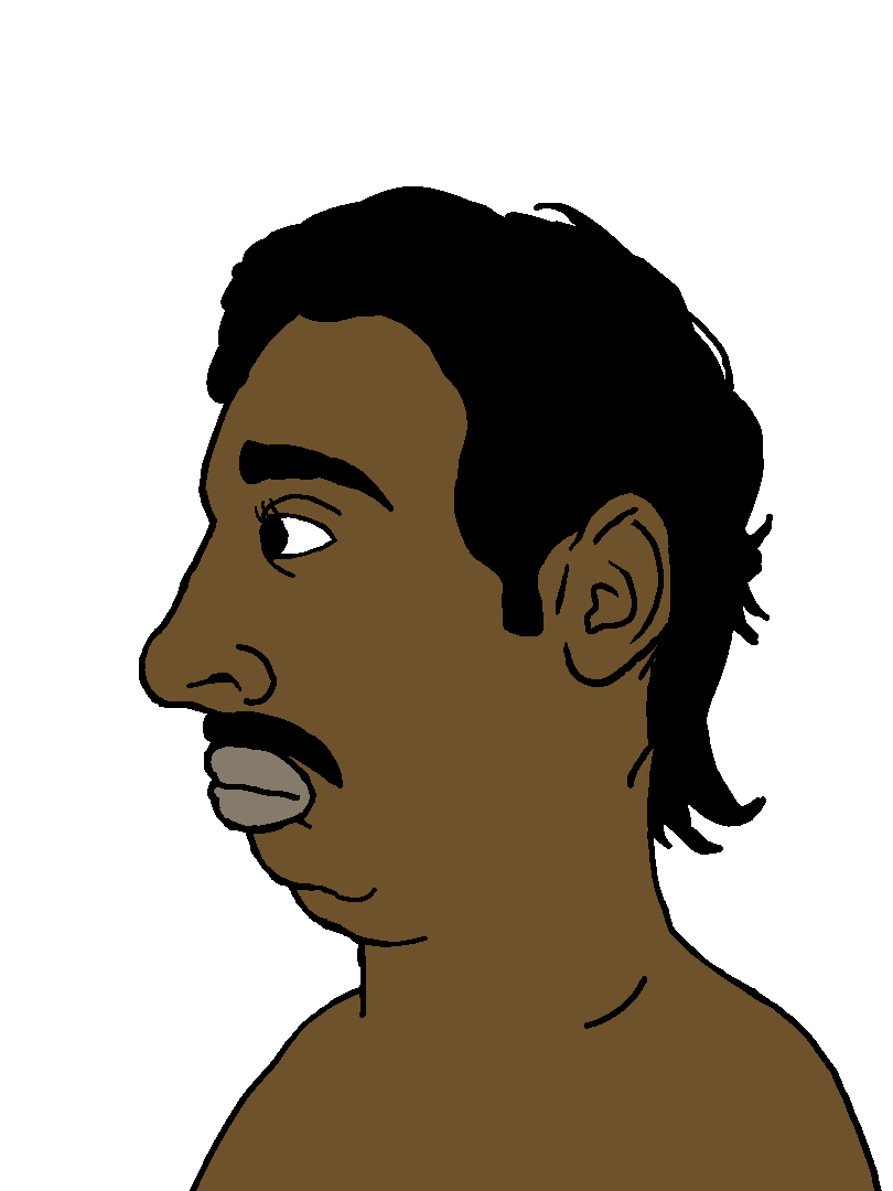 pajeetjak, pajeetjak side, sidejaks, big lips, black eyes, black hair, brown skin, closed mouth, curly hair, ear
