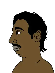 pajeetjak, pajeetjak side, sidejaks, big lips, black eyes, black hair, brown skin, closed mouth, curly hair, ear