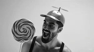 gigachad, beard, candy, clothes, food, gray background, gray skin, happy, hat, holding lollipop