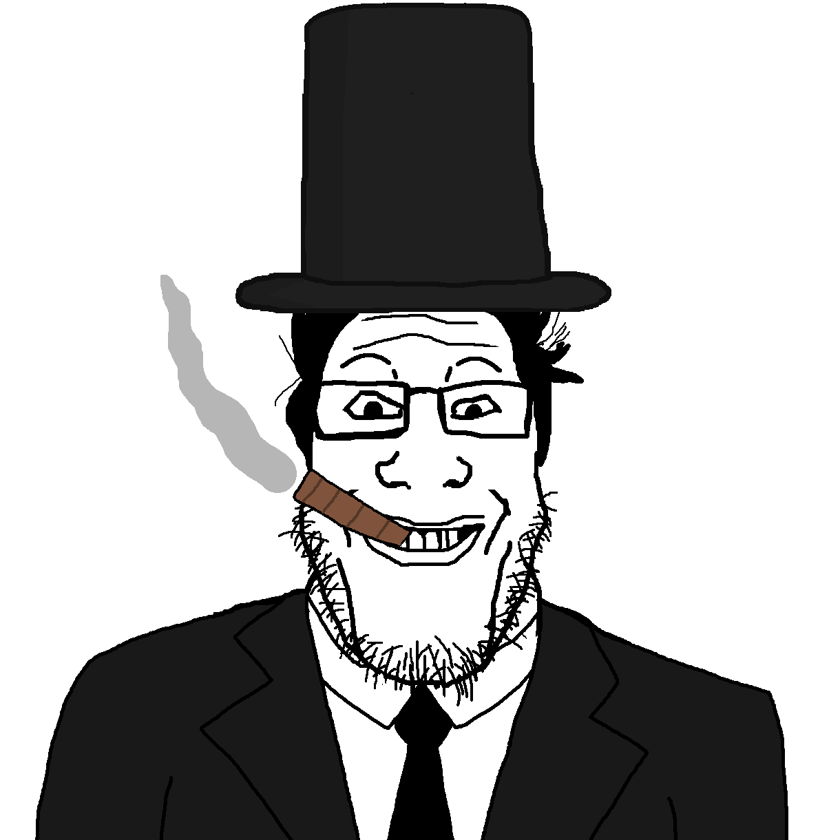 markiplier soyjak, grinplier, 1soyjak, black hair, black jacket, black tie, cigar, clothes, glasses, grin