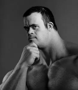 gigachad, autism, autistic, black hair, buff, closed mouth, downs syndrome, gray background, gray skin, hair
