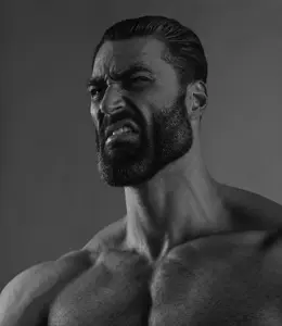 gigachad, beard, black hair, buff, disgust, disgusted, gray background, gray skin, hair, half open mouth