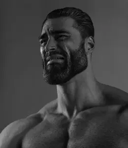 gigachad, 1nas, beard, buff, cry, crying, ear, ears, gray background, gray skin