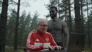 gigachad, chudjak, angry, bald, beard, black hair, buff, chubby, closed mouth, crying