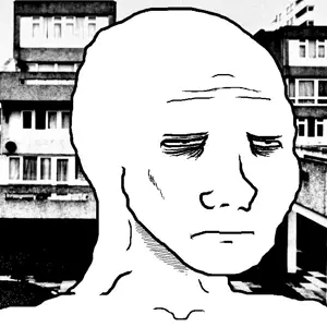 wojak, 1nas, bald, black eyes, closed mouth, depressed, half closed eyes, irl background, no beard, no glasses
