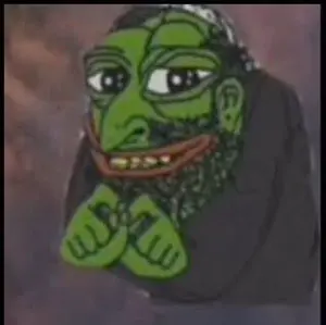 happy merchant, pepe, beard, black eyes, green skin, half body, half open mouth, irl background, jewish, jewish nose
