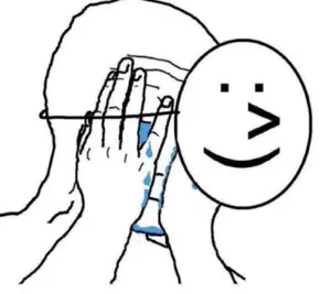 wojak, closed eyes, closed mouth, covered eyes, crying, face mask, hand, hands, hands on face, mask