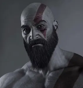 gigachad, kratos, 1nas, bald, beard, black eyes, buff, cooking, gray skin, half body