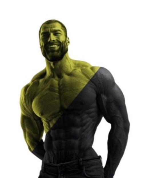 gigachad, almost full body, anarcho-capitalism, ancap, beard, black, black hair, blonde hair, buff, edited