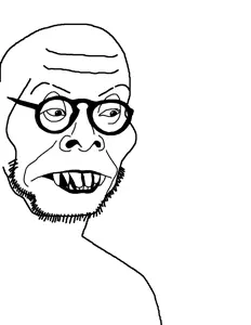 soykio kid, blood dragon, 1soyjak, angry, bald, big teeth, black eyes, frown, glasses, half body