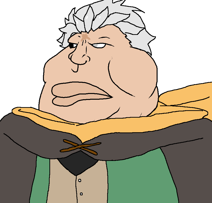 meximutt, 1soyjak, anime, black eyes, cape, closed mouth, clothes, fat, gluttony, gray hair