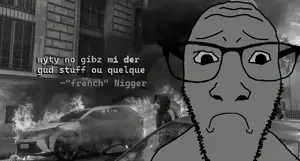 dylanjak, 1soyjak, bald, black and white, black eyes, brown skin, building, burning, car, city