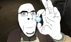 cobson, apron, bald, black eyes, brown shirt, closed mouth, gem, glasses, hands, holding object