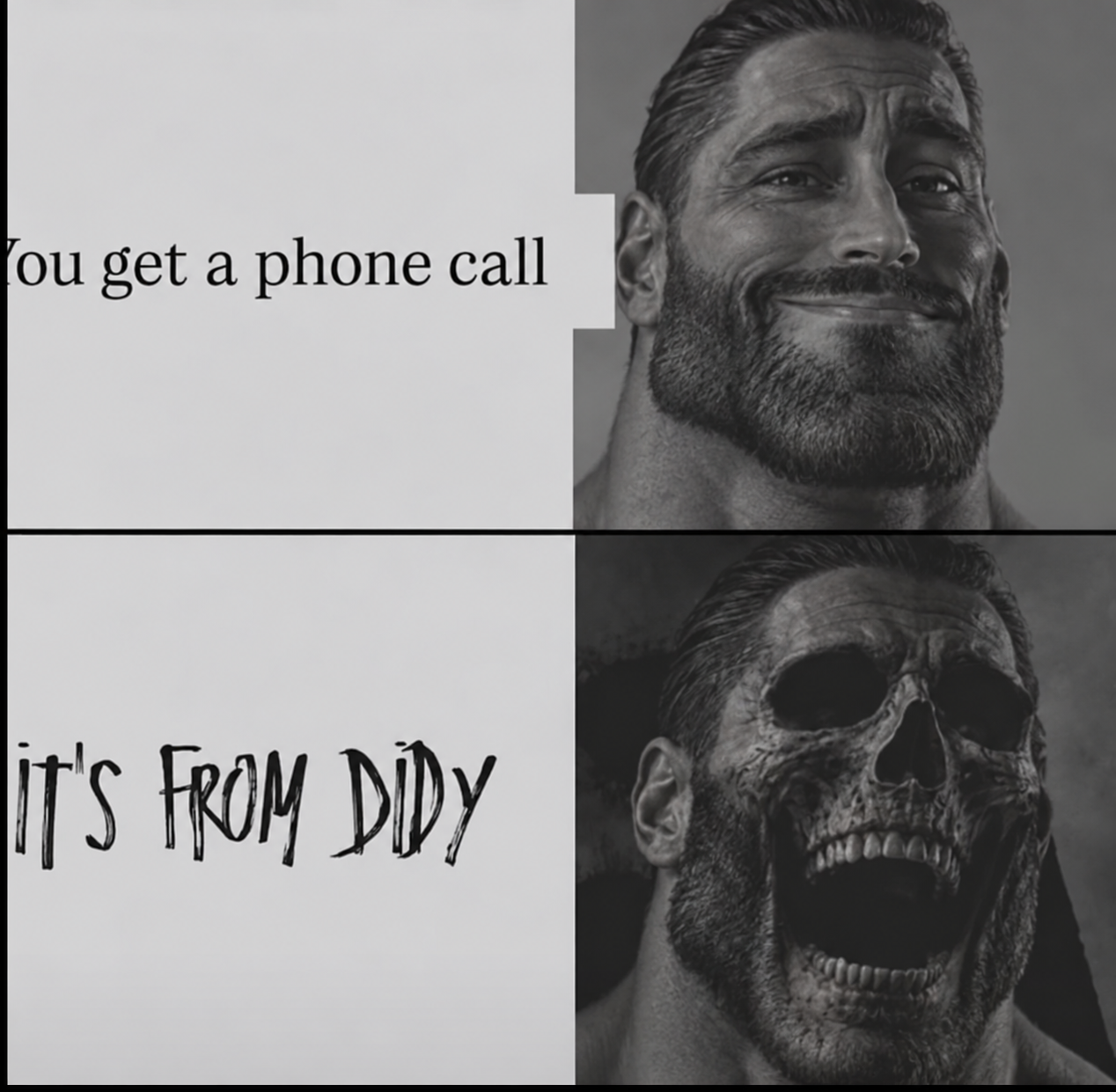 gigachad, gigachaded, bald, beard, black eyes, black hair, buff, closed mouth, didy, gaping mouth