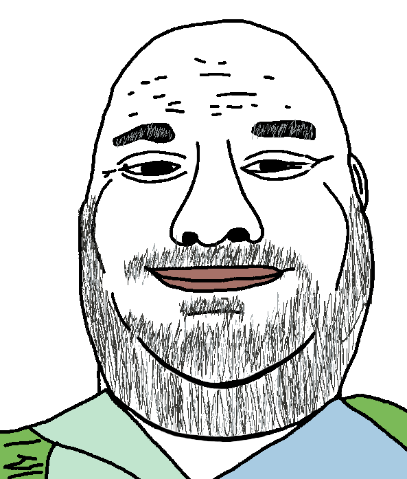 unknown, 1soyjak, bald, beard, black eyes, blue shirt, chin, closed mouth, clothes, double chin