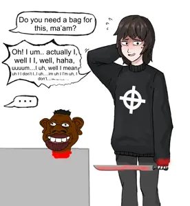 boymoder, sheeeit, almost full body, bashful, black eyes, blood, blush, boymoder, brown hair, celtic cross