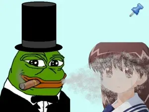 pepe, tamami chanohata, anime, black eyes, bloodshot eyes, blowing smoke, blue background, bowtie, brown eyes, brown hair