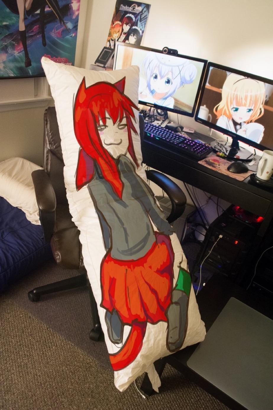 tama, anime, black eyes, body pillow, cat ears, closed mouth, cup, ears, female, front view