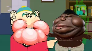 eric cartman, a24 slowburn soyjak, impish soyak ears, meximutt, 2soyjaks, almost full body, black eyes, black hair, black skin, cap