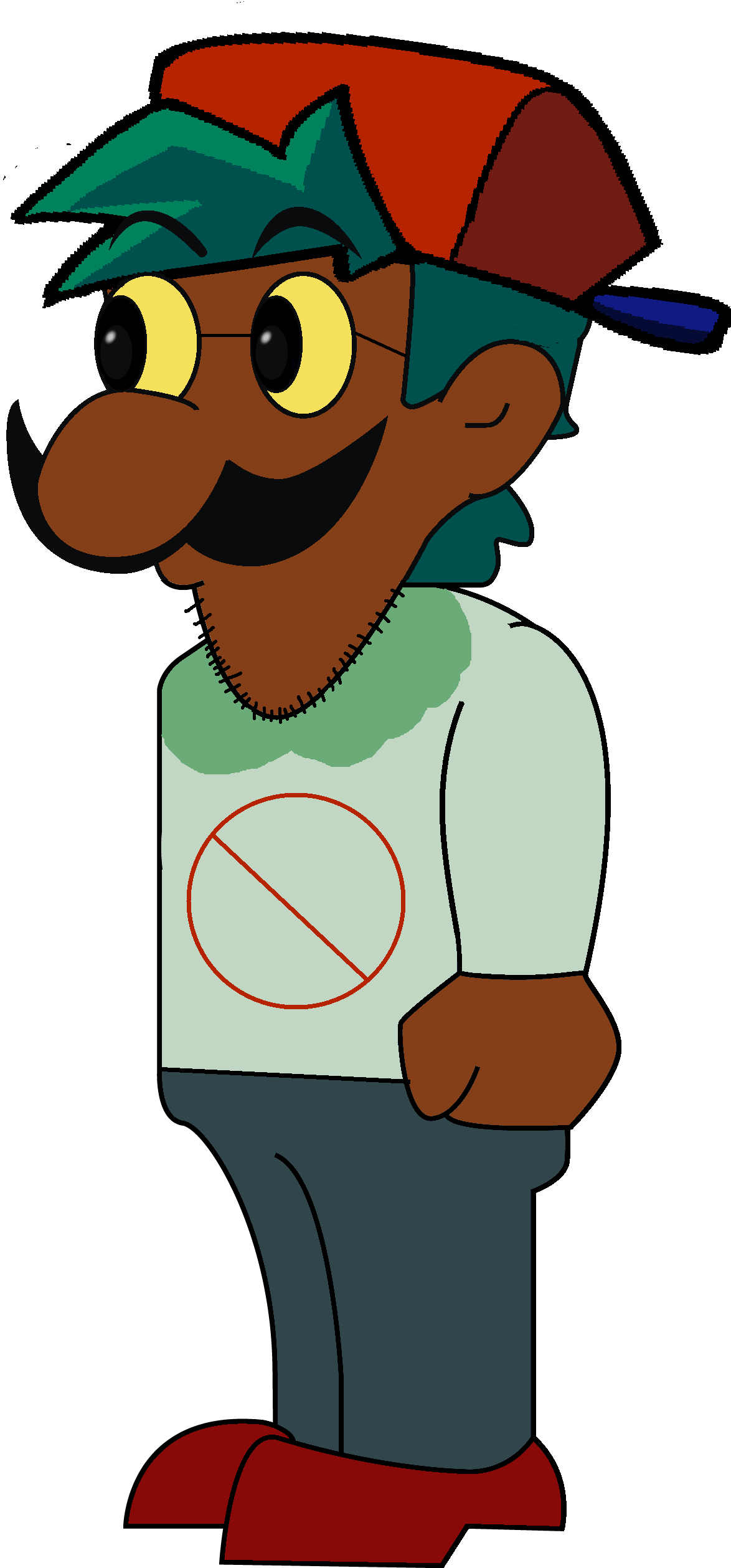 boyfriend (friday night funkin'), esl fnf pedo, luigi, weegee, weegeejak, 1soyjak, black skin, blue hair, closed mouth, clothes
