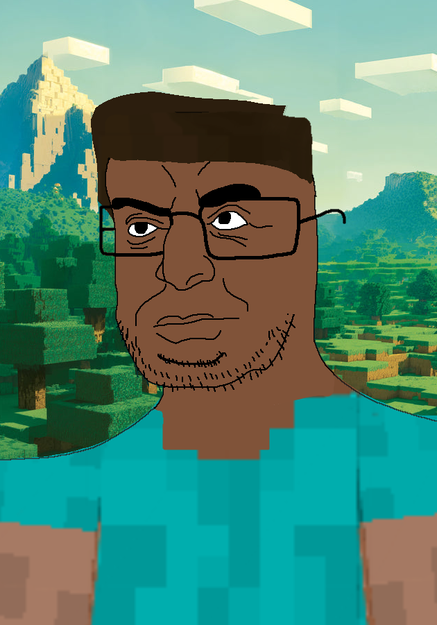 steve (minecraft), nasrallajak, 1soyjak, background, black eyes, blue shirt, brown hair, brown skin, closed mouth, clothes