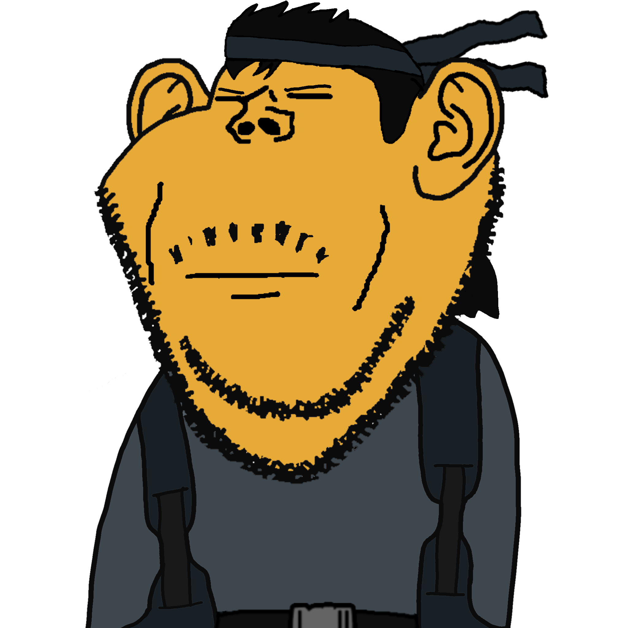 solid snake, impish soyak ears, 1soyjak, asian, asian eyes, bandana, belt, black hair, chink, closed eyes