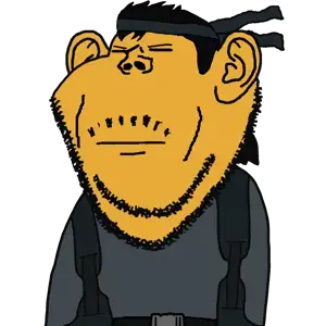 solid snake, impish soyak ears, 1soyjak, asian, asian eyes, bandana, belt, black hair, chink, closed eyes