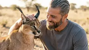 gigachad, animal, beard, big floppa, black hair, brown eyes, buff, caracal, front view, hair