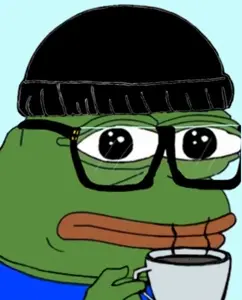 pepe, 1nas, black eyes, black hat, closed mouth, clothes, coffee, coffee cup, drink, glasses