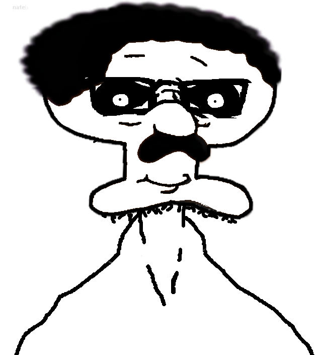 extremely unknown, 1soyjak, afro, black and white, black hair, cartoon, closed mouth, glasses, hair, inverted color