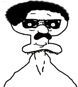 extremely unknown, 1soyjak, afro, black and white, black hair, cartoon, closed mouth, glasses, hair, inverted color