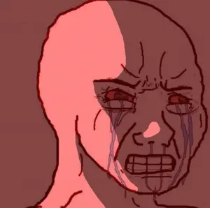wojak, angry, black eyes, bloodshot eyes, crying, half open mouth, no glasses, ominous, ominous shadow, open eyes