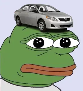 pepe, black eyes, car, closed mouth, green skin, looking at you, no beard, no glasses, open eyes