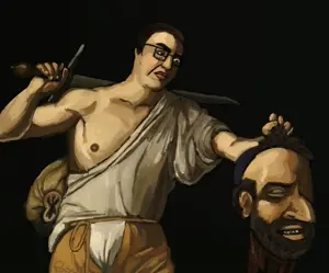poison, happy merchant, chudjak, beard, black eyes, black hair, blood, classical art parody, closed eyes, closed mouth