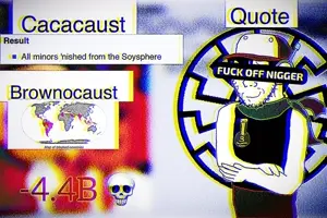 quote, soyak, soyak (smug), 1soyjak, black hair, cacacaust, closed mouth, covered eyes, drawn background, front view