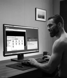 gigachad, 1nas, beard, black eyes, black hair, buff, computer, cup, dell, ear