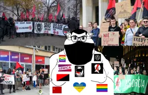 brandon, branigger, 1soyjak, anarchism, antifa, atheism, black eyes, black hair, crowd, face mask