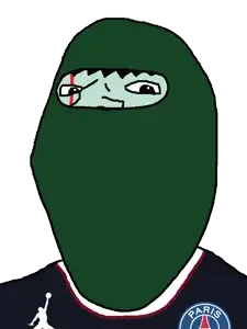 squidward tentacles, gapejak, 1soyjak, balaclava, black hair, bowl cut, clothes, face mask, football jersey, green balaclava